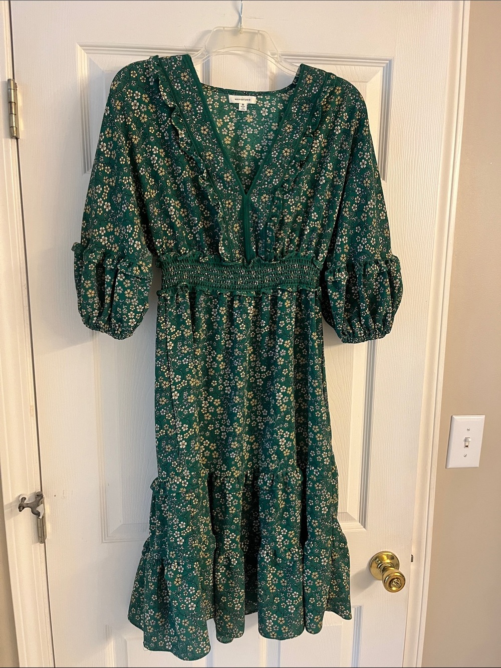 Max Studio Green Floral V-Neck Smocked Midi Dress